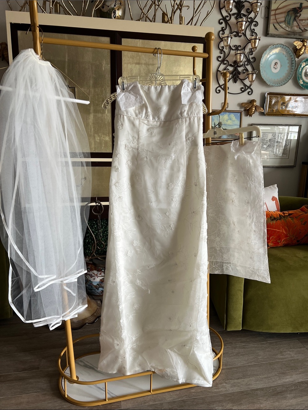 Elegant White Embroidered Bridal strapless gown, headpiece and wrap